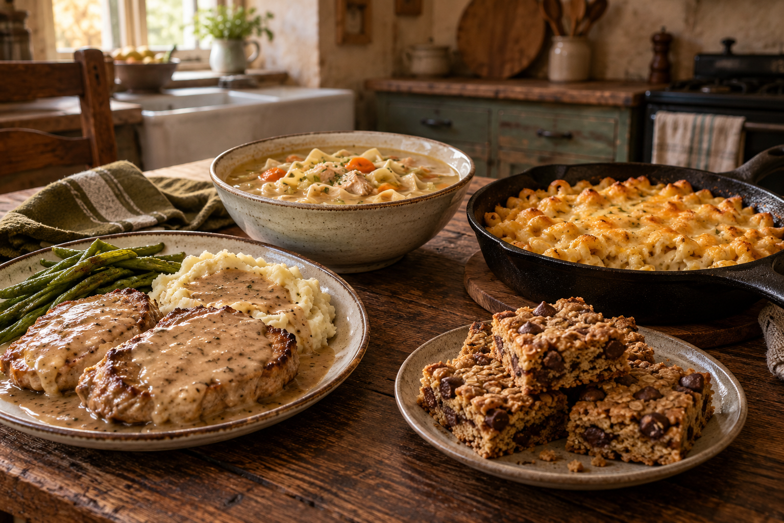 A welcoming farmhouse table with homestyle meals and dessert bars
